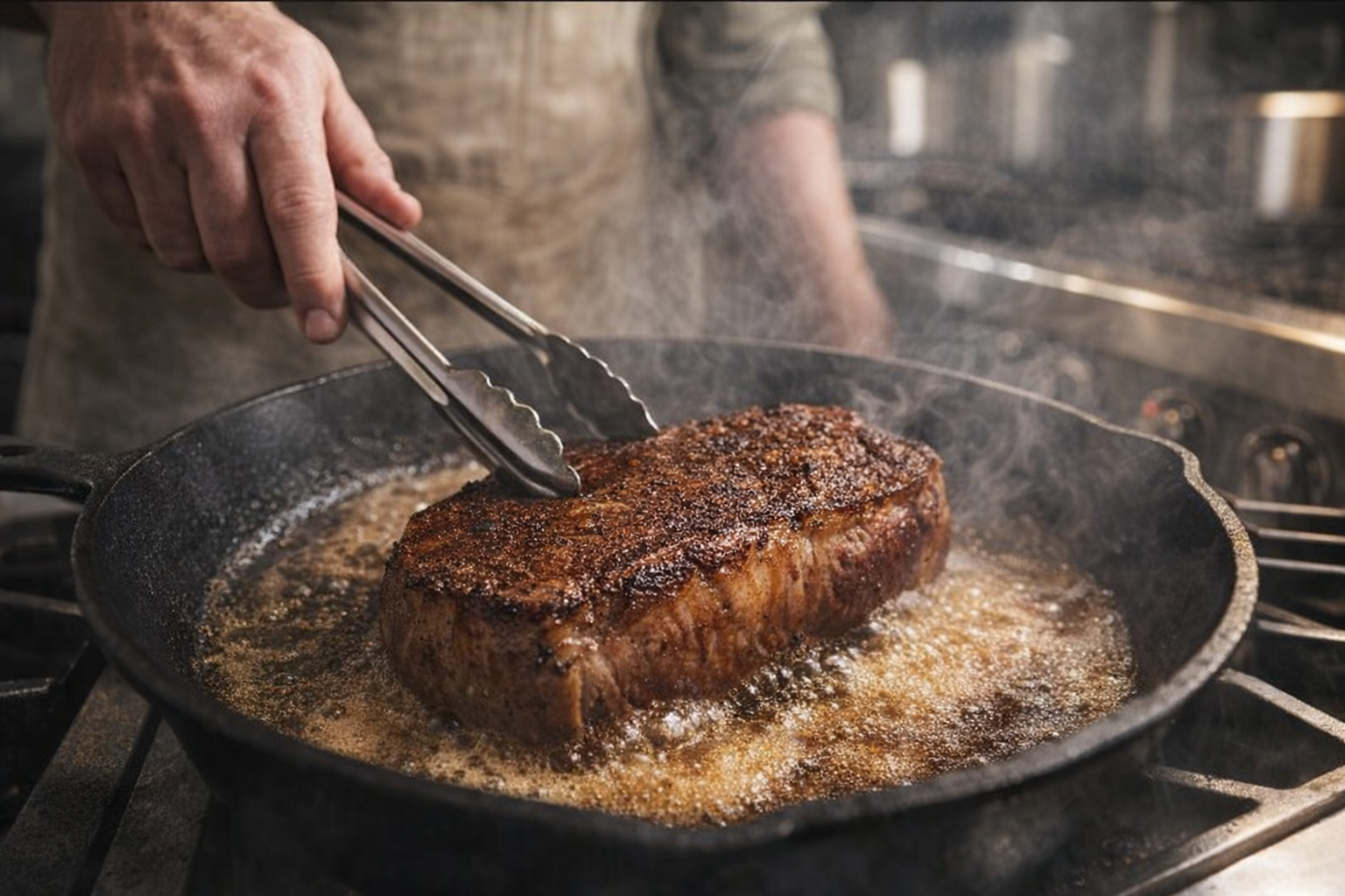A close-up action shot of a chef searing a steak in a cast iron skillet. The steak has a deep brown crust and is sizzling in butter. High heat, professional kitchen lighting.